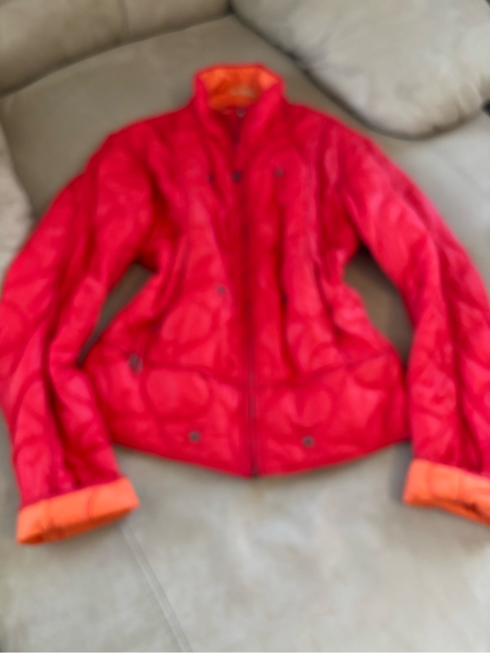 Jet Set Women’s Red Quilted Puffer Jacket with Orange Accents
